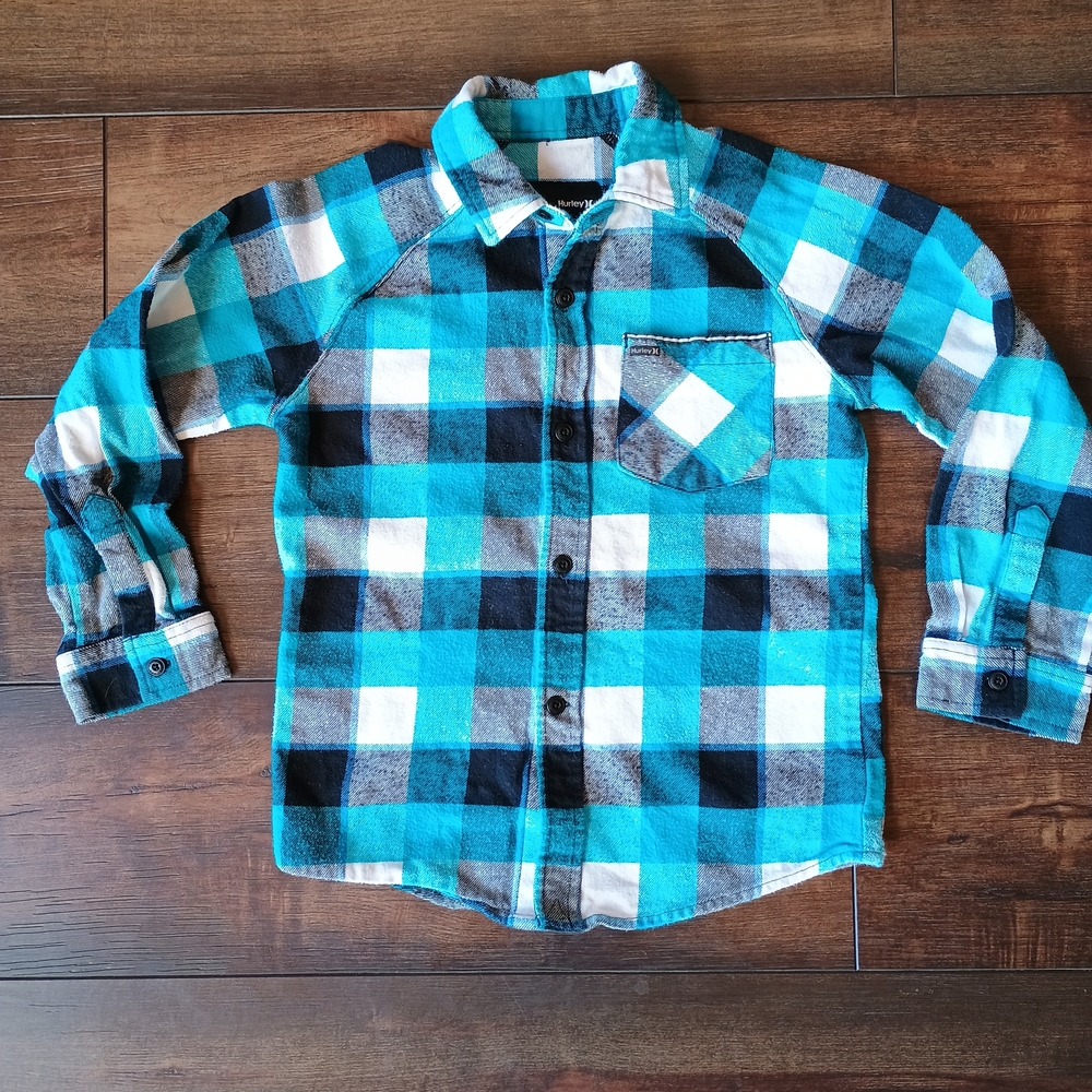 Hurley Turquoise and Black Plaid Kids Button Down Shirt